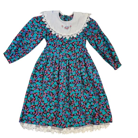 Vintage Bib Dress 7‎ Long Sleeve Tie Back Fruit Maxi Dress Berries Lace Trim USA